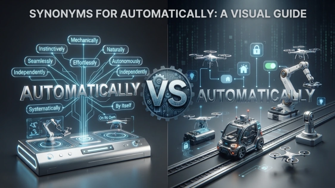 3D illustration of synonyms for automatically with AI and automation concepts.