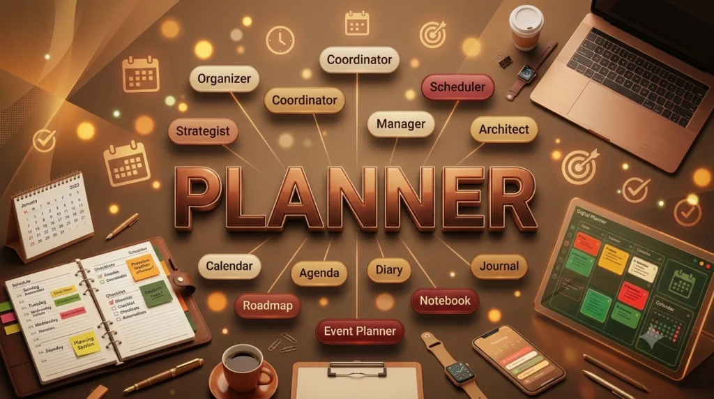 Ultra-realistic 3D illustration of the word "Planner" with calendars, notebooks, digital scheduling tools, and synonym bubbles representing organization, planning, and productivity.