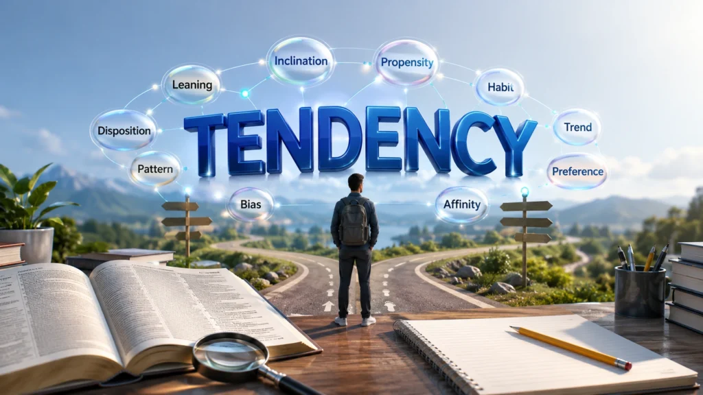 3D illustration of Tendency with related synonyms and a crossroads symbolizing habits and natural behavior.