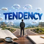 3D illustration of Tendency with related synonyms and a crossroads symbolizing habits and natural behavior.