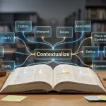 Ultra-realistic 3D illustration showing the word "Contextualize" with floating synonym cards including explain, clarify, interpret, frame, relate, associate, define, illustrate, and elucidate.
