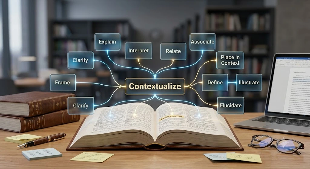 Ultra-realistic 3D illustration showing the word "Contextualize" with floating synonym cards including explain, clarify, interpret, frame, relate, associate, define, illustrate, and elucidate.