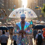 Ultra-realistic 3D illustration of an unusual person standing out from an ordinary crowd, representing the meaning of unusual and its synonyms.