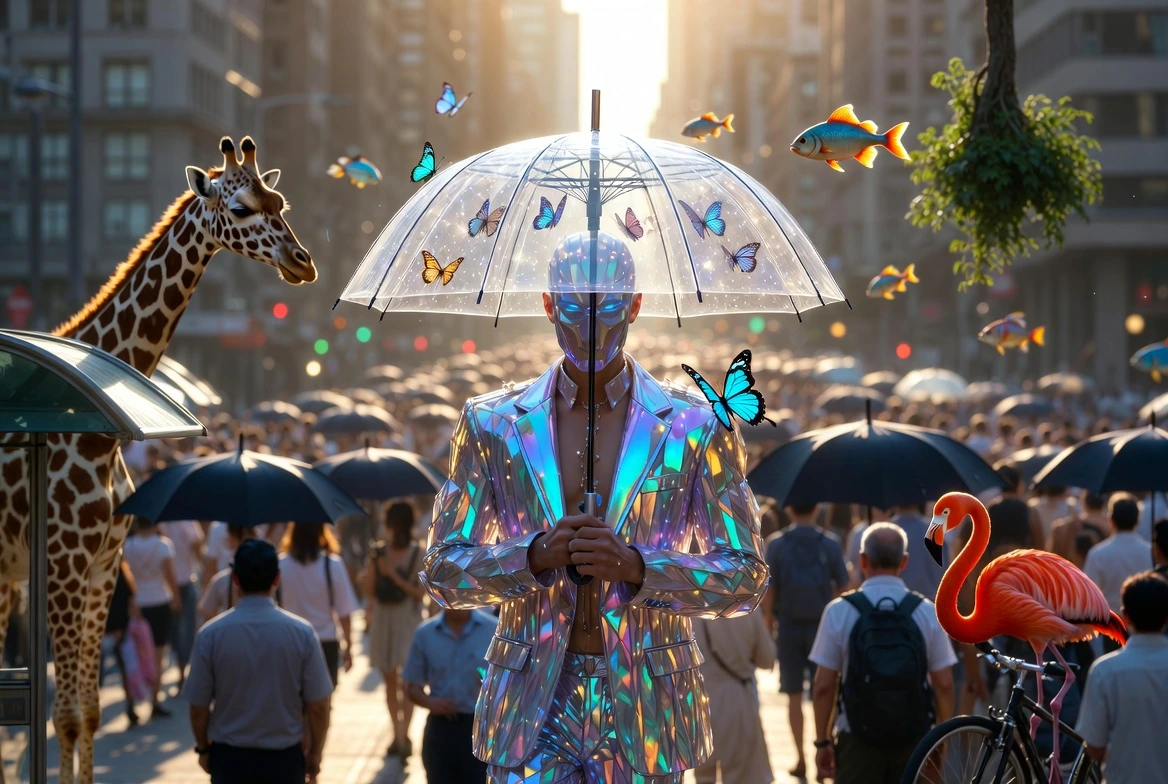 Ultra-realistic 3D illustration of an unusual person standing out from an ordinary crowd, representing the meaning of unusual and its synonyms.