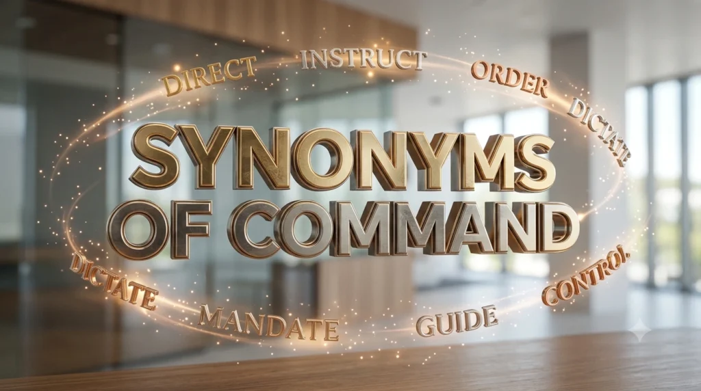 Alt text: Illustration of synonyms for command with common alternatives like order, direct, instruct, lead, control, and govern.