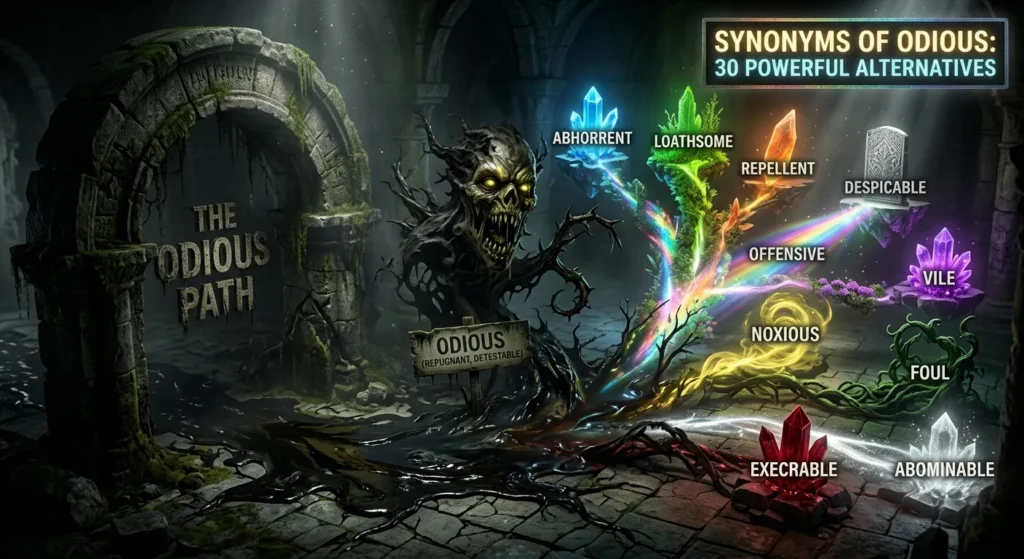 Synonyms of odious showing hateful, abhorrent, repulsive, detestable, and offensive meanings