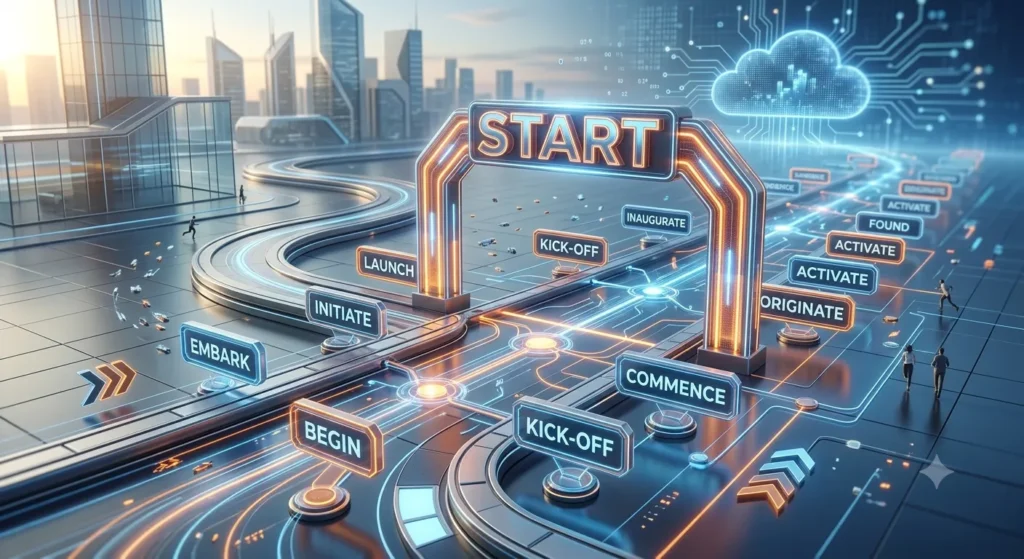 Synonyms of start showing begin, commence, launch, initiate, embark, and other words for beginning