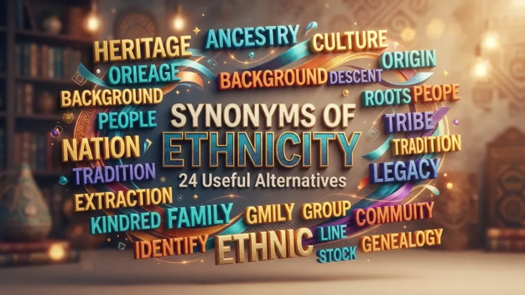 Synonyms of ethnicity with cultural identity, heritage, ancestry, and ethnic background