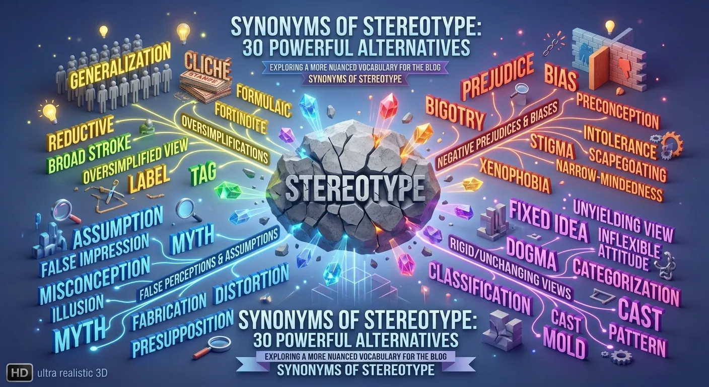 Synonyms of stereotype including generalization, assumption, prejudice, and cliché